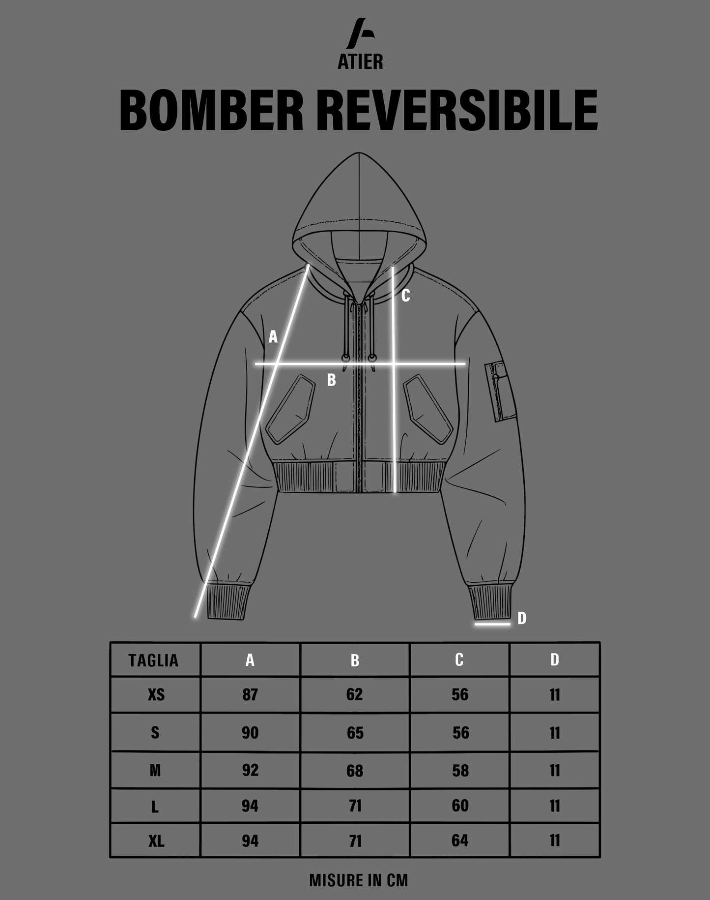 Bomber imbottito reversibile in 100% cotone con cappuccio e ricami 3D