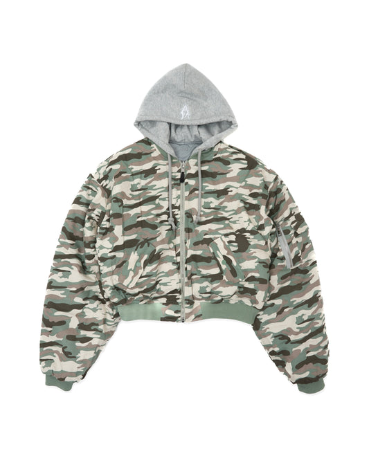 Bomber imbottito reversibile in 100% cotone con cappuccio e ricami 3D