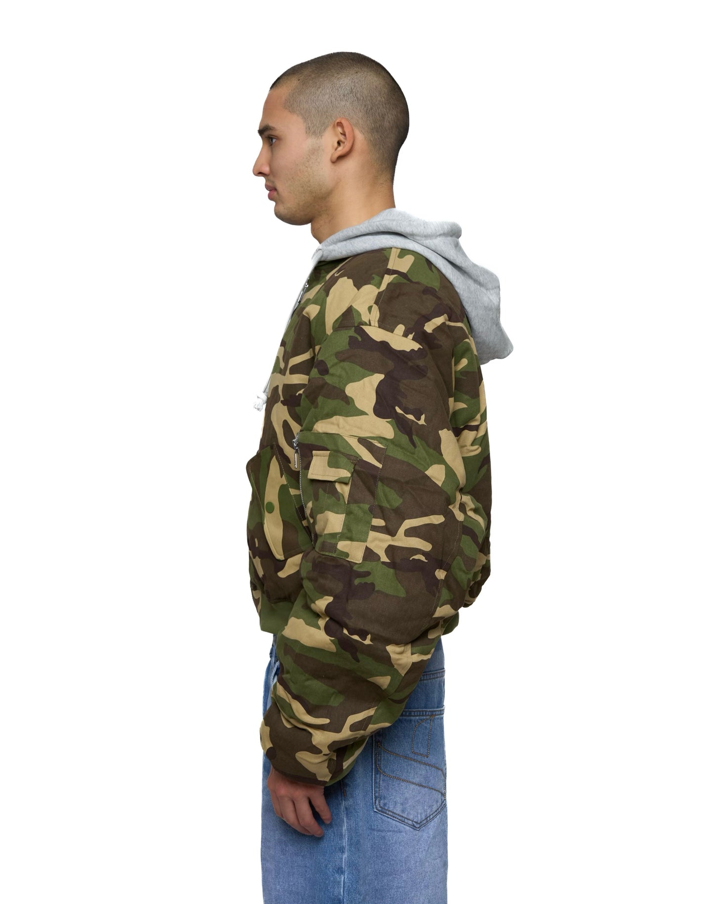 Bomber imbottito reversibile in 100% cotone con cappuccio e ricami 3D