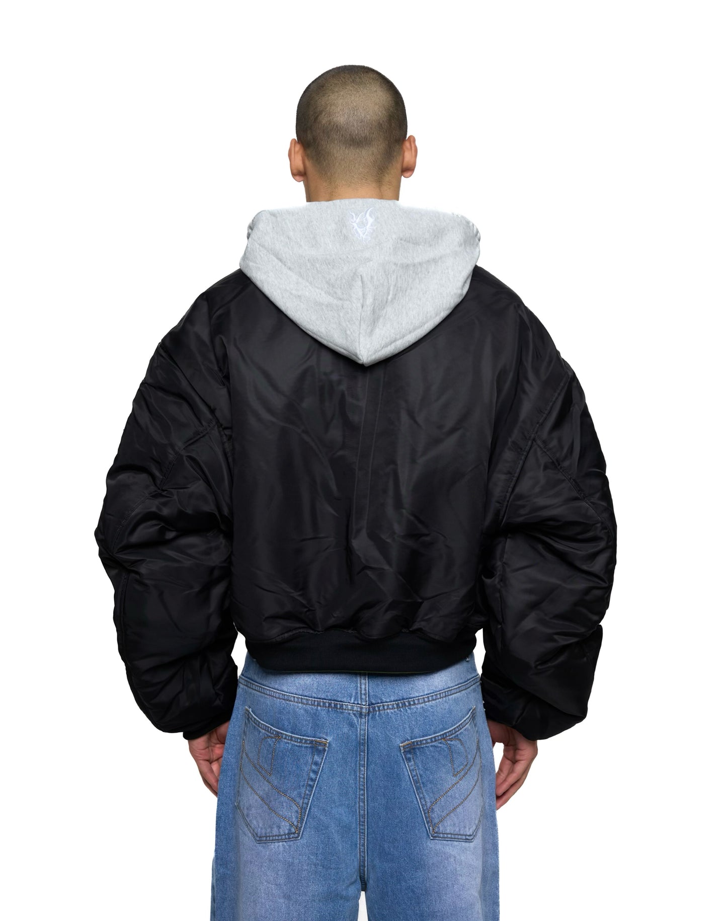 Bomber imbottito reversibile in 100% cotone con cappuccio e ricami 3D