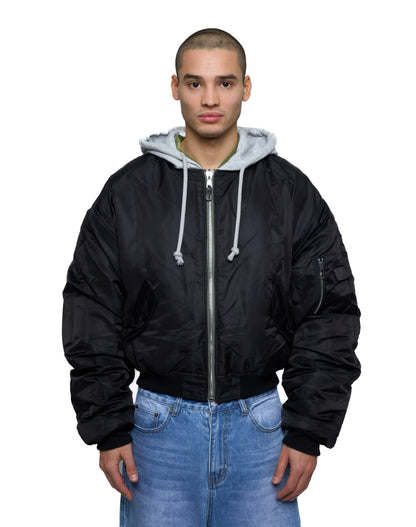 Bomber imbottito reversibile in 100% cotone con cappuccio e ricami 3D