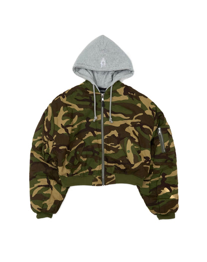 Bomber imbottito reversibile in 100% cotone con cappuccio e ricami 3D