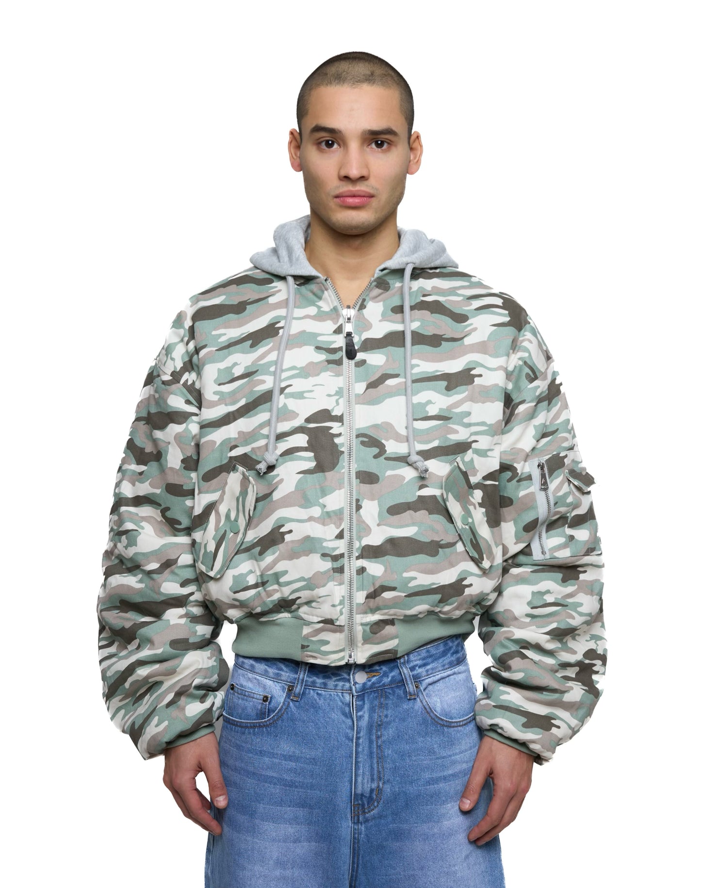 Bomber imbottito reversibile in 100% cotone con cappuccio e ricami 3D