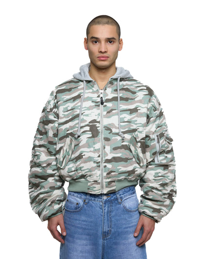 Bomber imbottito reversibile in 100% cotone con cappuccio e ricami 3D