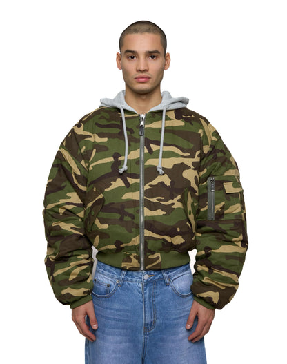 Bomber imbottito reversibile in 100% cotone con cappuccio e ricami 3D