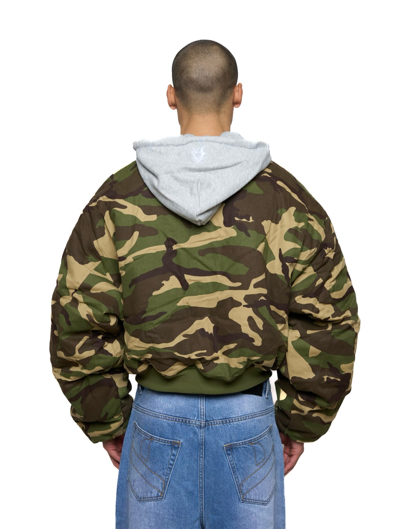 Bomber imbottito reversibile in 100% cotone con cappuccio e ricami 3D