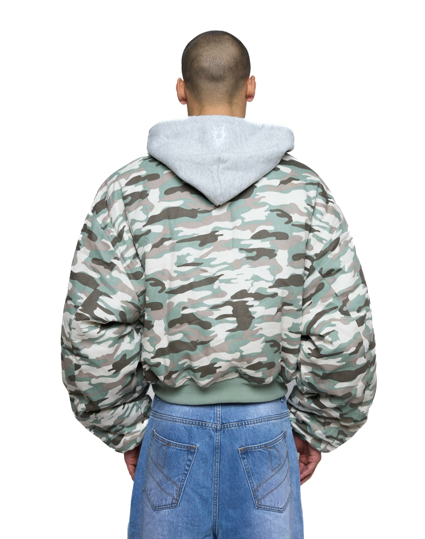 Bomber imbottito reversibile in 100% cotone con cappuccio e ricami 3D