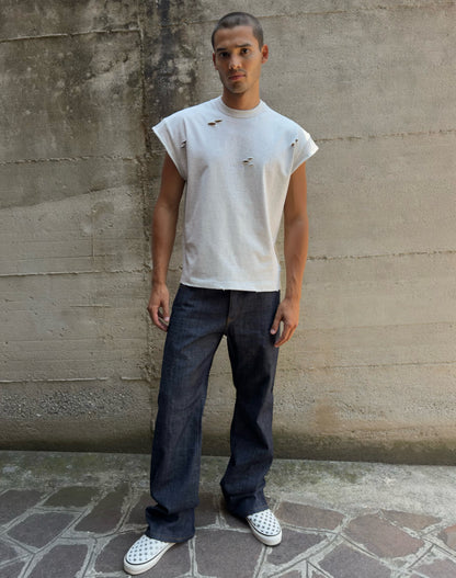 Jeans “Fusion Bootcut” in raw denim originale cimosato, ricamo e bottoni e rivetti in ottone logati