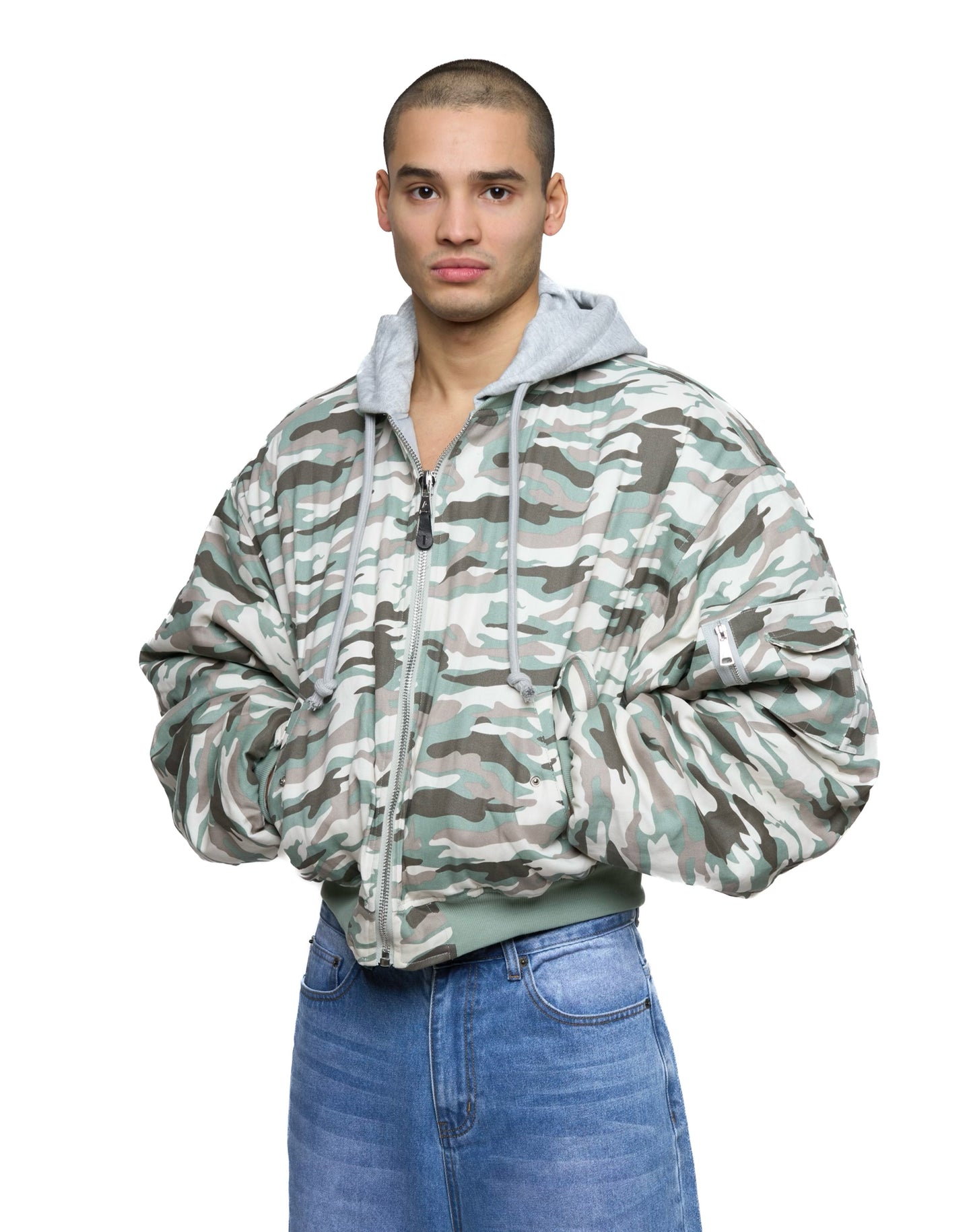 Bomber imbottito reversibile in 100% cotone con cappuccio e ricami 3D